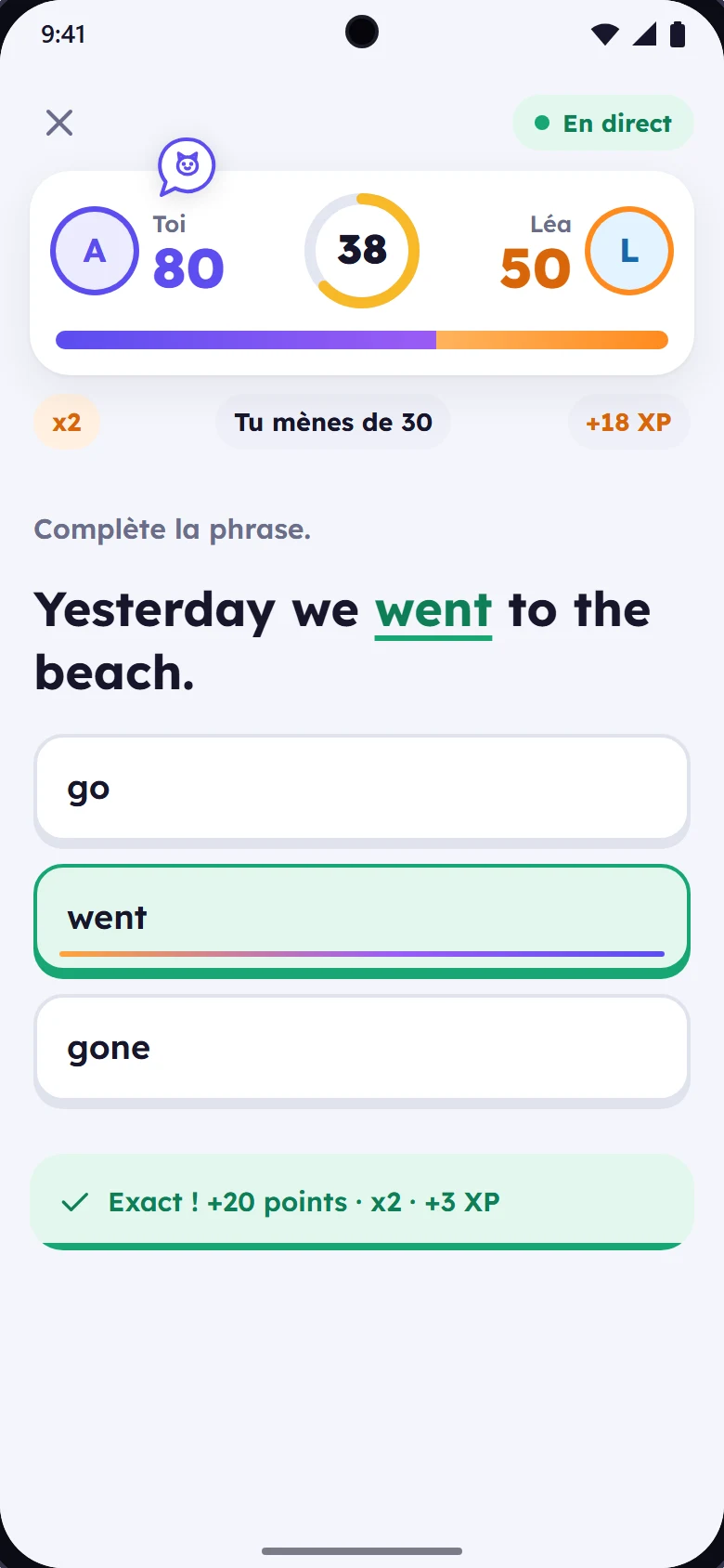 Hi! sur un téléphone Android : un défi en direct contre une amie.